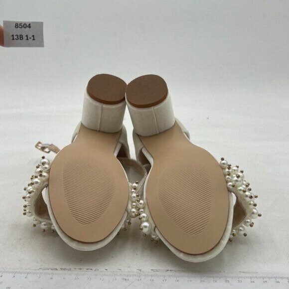 White Velvet Open Toe Sandals Pearl Strap Chunky Heel Ankle Buckle Strap Summer - Picture 6 of 7